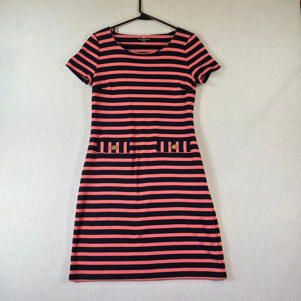 Talbots Petites Shift Dress SP Navy Pink Striped Cotton Gold Button Faux-Pockets